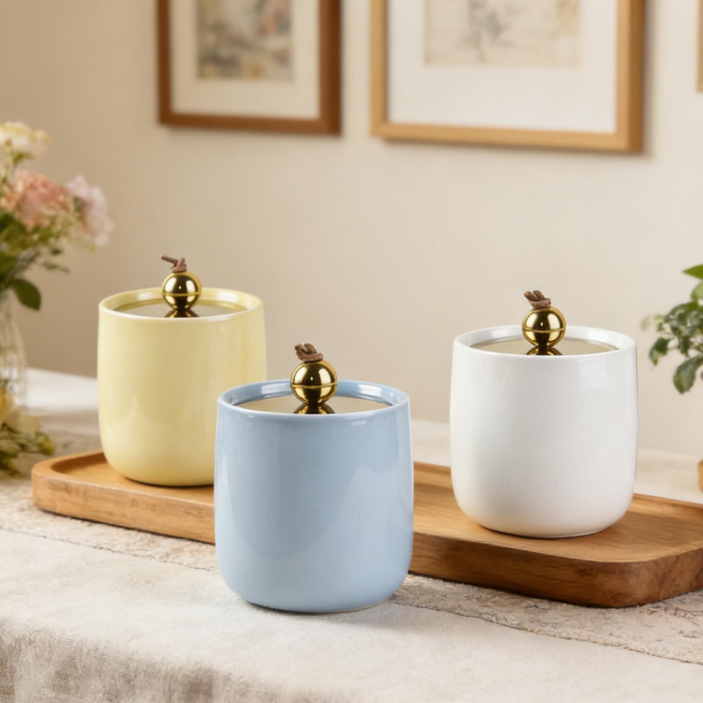 Ceramic Qtip Holder Dispenser with Gold Lids 2 Pack, Yellow Apothecary Jars Bathroom Vanity Organizer for Home Decor Bathroom Canister for Cotton Swabs, Rounds, Balls, Makeup Sponges, Bath Salts