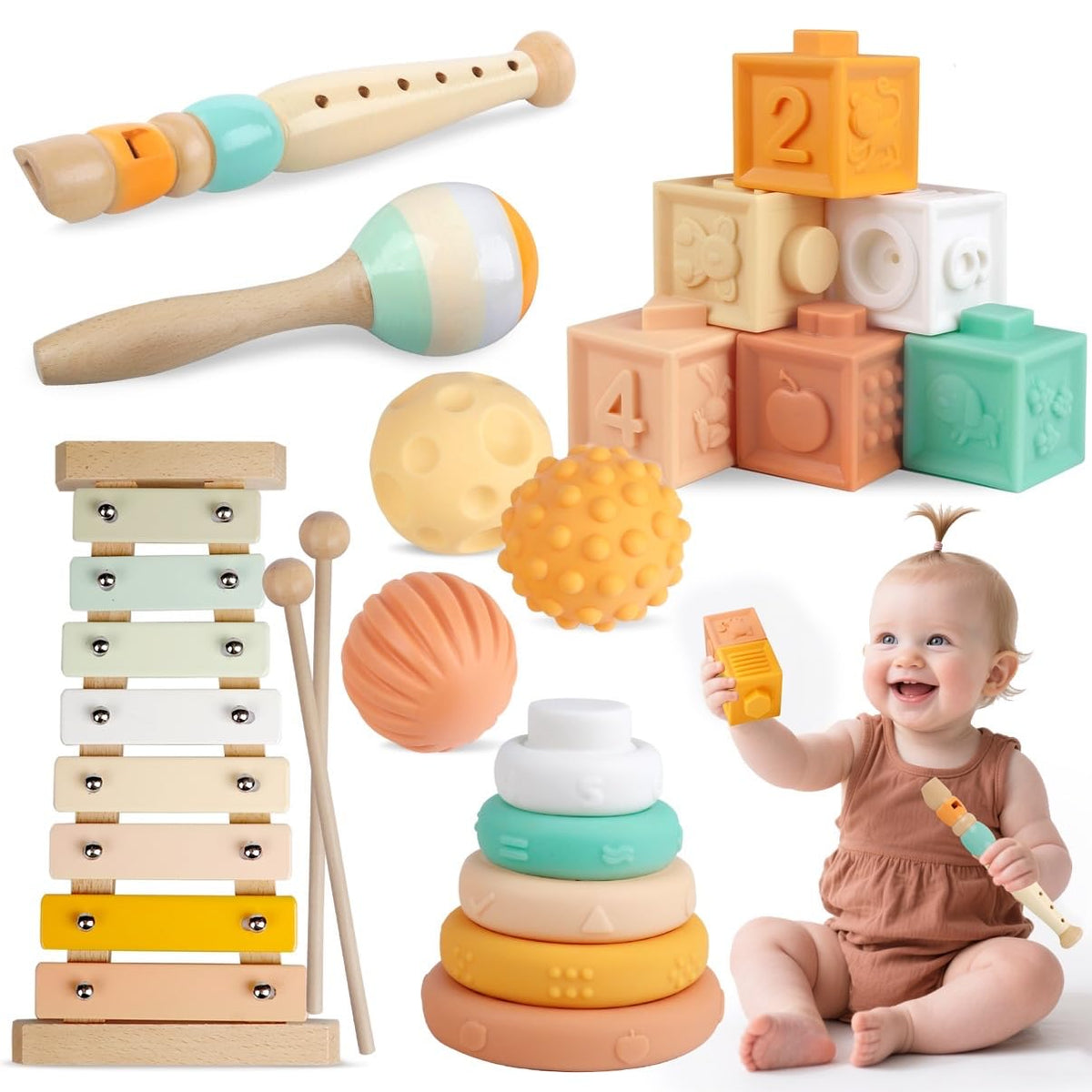 Montessori Baby Toys 6 in 1, Wooden Musical Instruments Xylophone 6 Months+