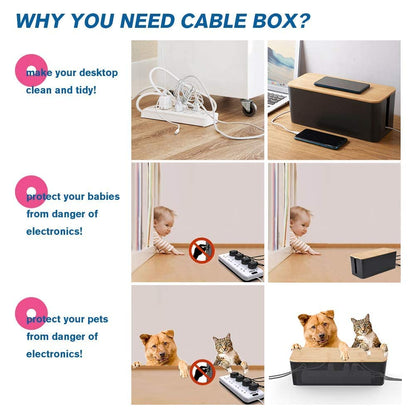 Cable Management Box, 2 Pack Bamboo Lid Large Storage Wires Organizer Holder for Home, Desk, TV, Computer, USB Hub - to Cover Hide Surge Protector Conceal Power Strips & Cords (Black)