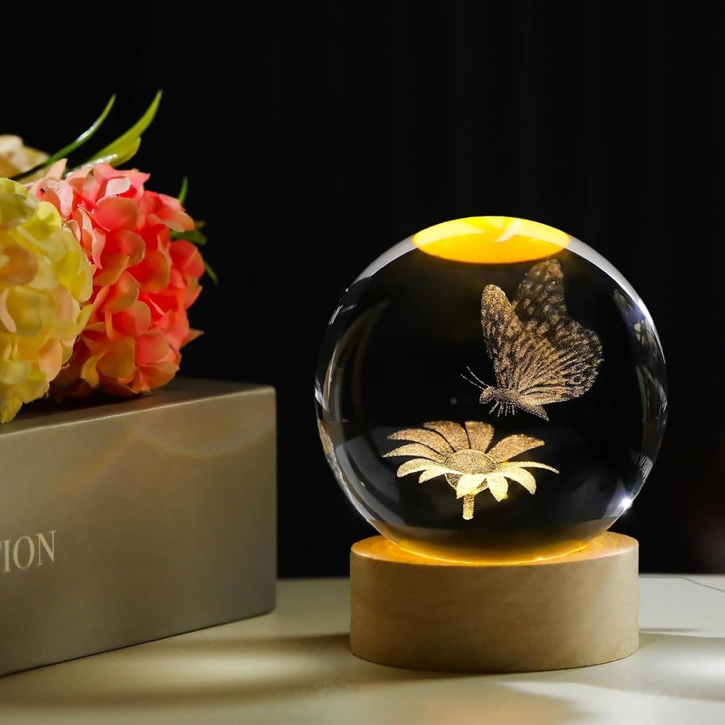 AOFEGRLT 3D Laser Etched Butterfly Crystal Ball with Stand, 60mm Glass Sphere Decorative Balls, Crystal Butterfly Figurine Lamp Night Light Gifts for Women Girls Mom Kids