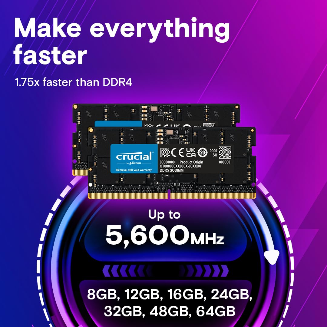 Crucial DDR5 RAM 16GB 5600MHz SODIMM, Laptop Computer Memory, Mini PC (or 5200MHz, 4800MHz) CL46 - CT16G56C46S5