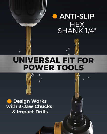 COMOWARE Titanium Twist Drill Bit Set - 16 Pcs Hex Shank High Speed Steel for Wood Plastic Aluminum Alloy, Quick Change, 1/16"-1/4"