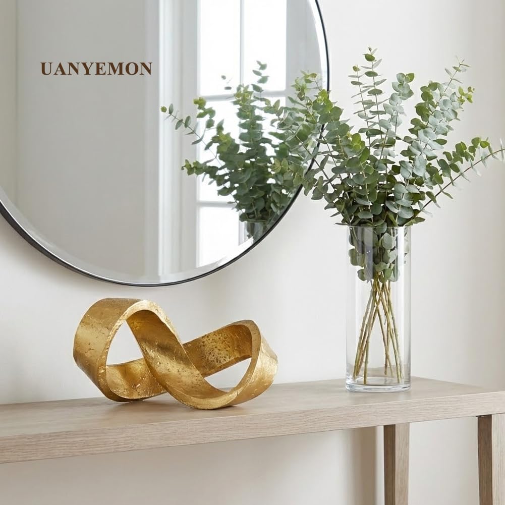Modern Infinity Knot Sculpture - Gold Knot Home Decor, Multi-Angle Statue for Shelves, Coffee Table, Bookshelf, Living Room, Office, Resin Geometric Decorative Accent, Abstract Art Knick Knacks Gifts