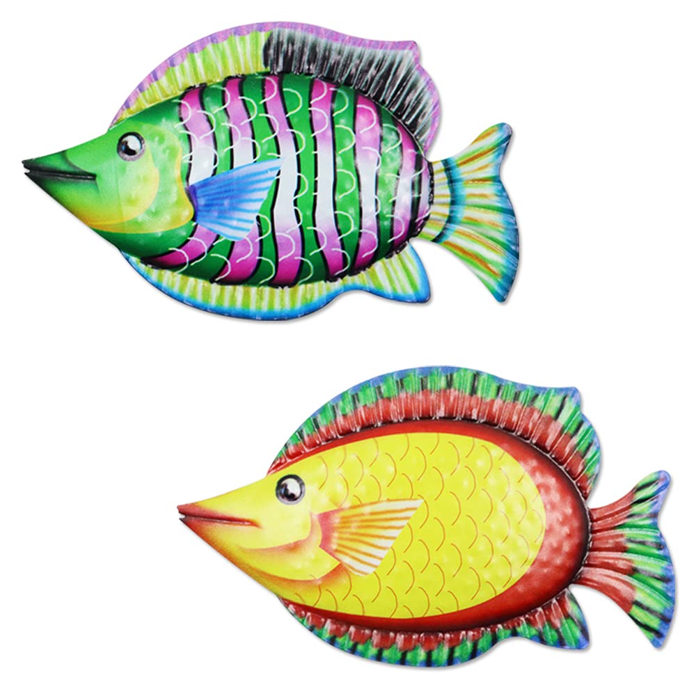N\A NA 2Pcs Metal Fish Wall Art Decor, Metal Fish Wall Sculptures, Ocean Themed Metal Art Wall Decor, Metal Tropical Fish Art Wall Decoration (Green, Yellow)