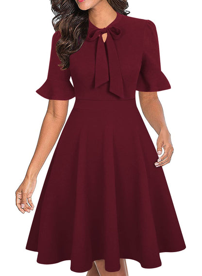 RANPHEE Christmas Dresses for Women 2025 Maroon Classy Tea Party Swing A Line Woman Knee Length Retro Country Concert Dress M