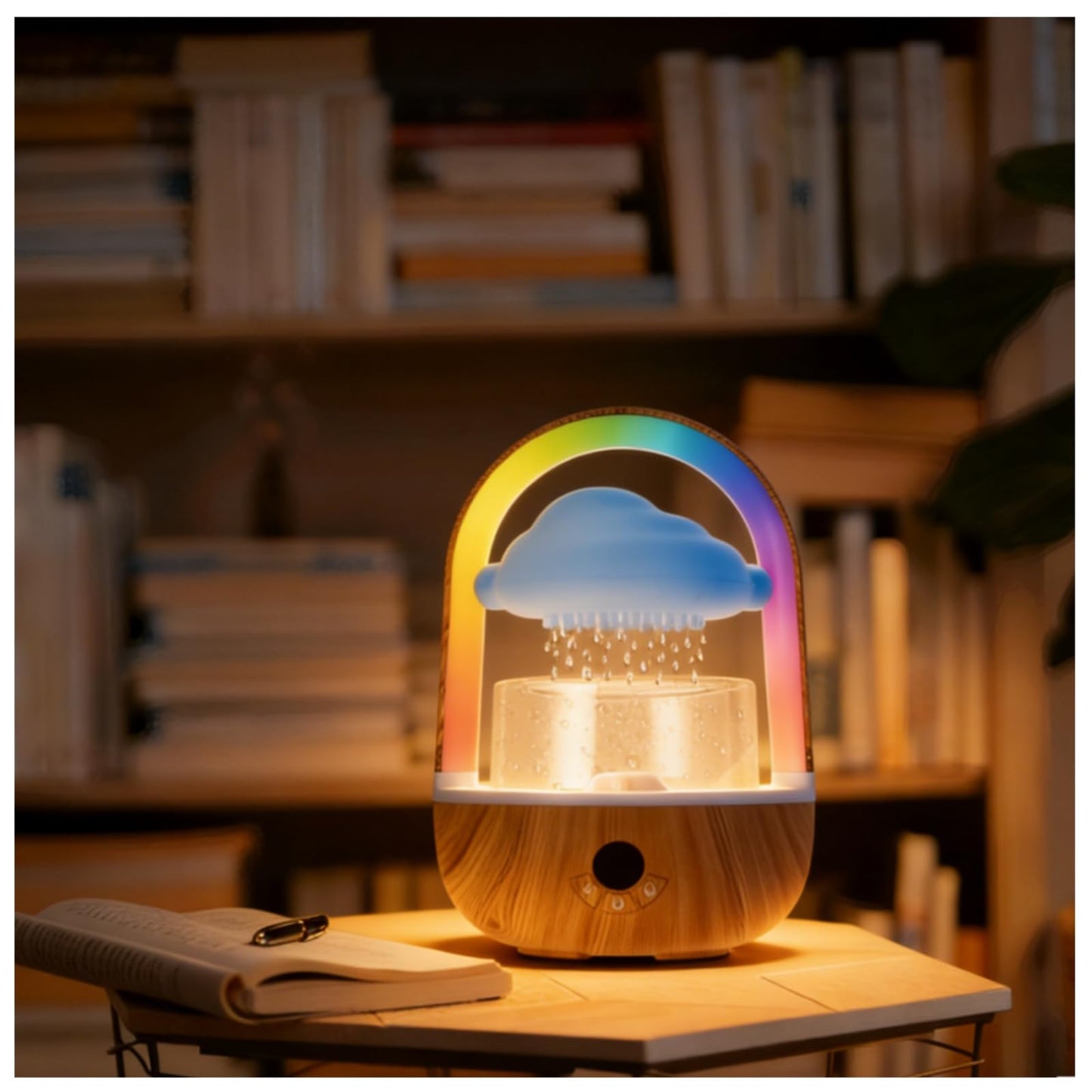 Relaxing Indoor Water Fountain with Gentle Rain Sounds, Weljoy Cloud Rainbow Rain Tabletop Fountain with Color Changing Lights, Wireless Design for Office Desk Meditation (Wood)