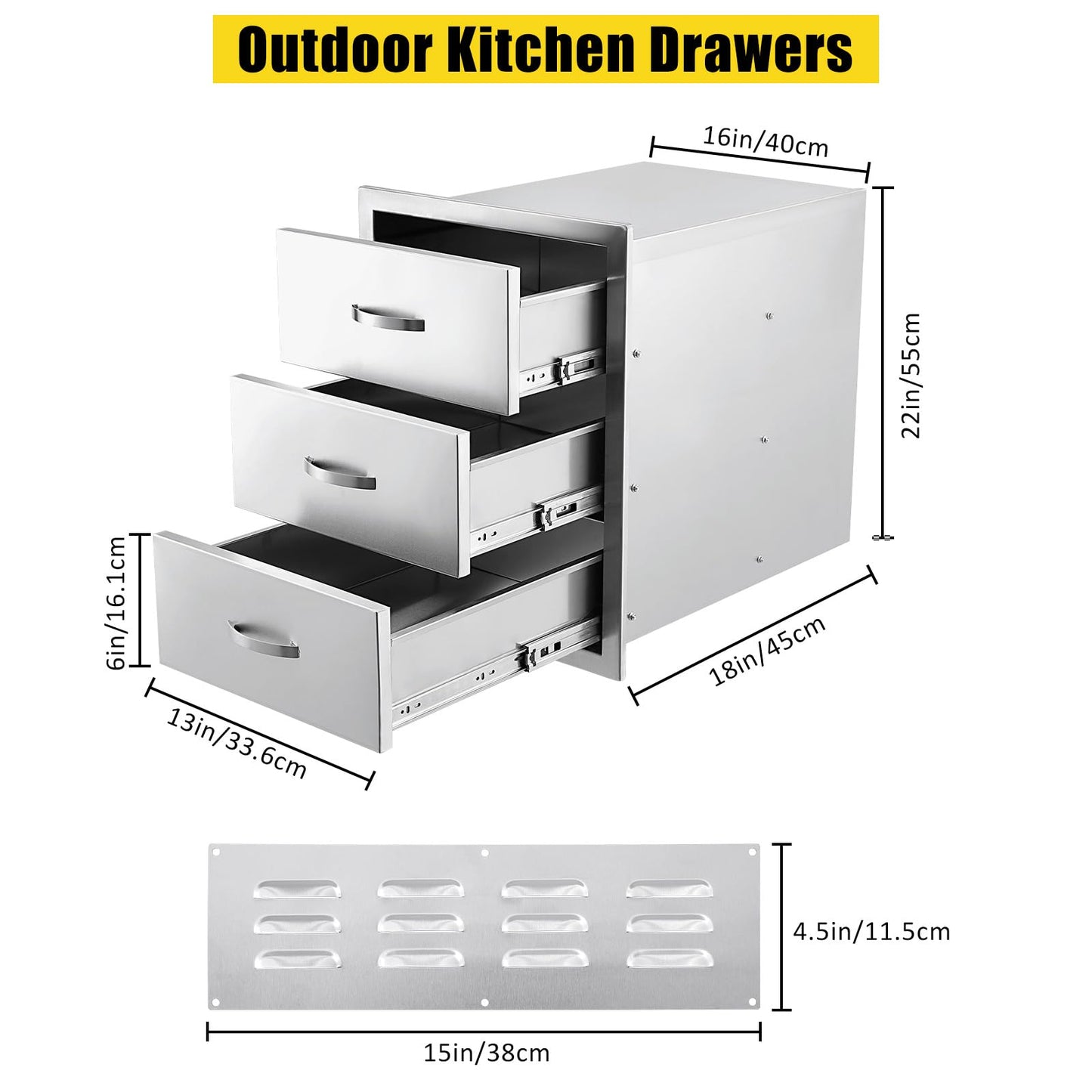GarveeLife Outdoor Kitchen Drawers - Stainless Steel Flush Mount Triple Access BBQ Drawers, with Divider, Venting Panel for BBQ Island Patio Grill Station, 15.7WX17.7DX21.6H inch