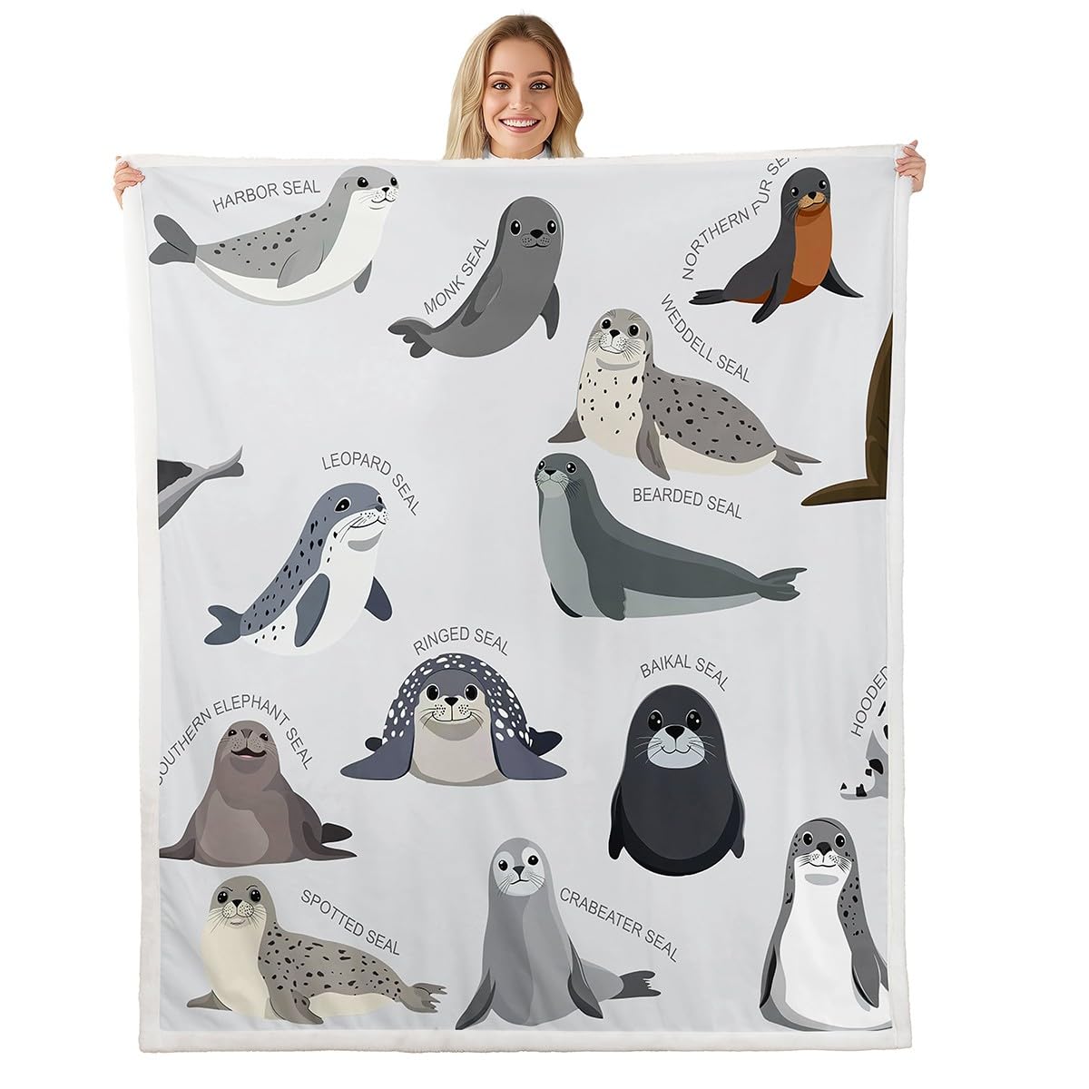 Kids Cartoon Seal Throw Blanket - Cute Ocean Marine Animal Fleece for Bed Sofa - Boys Girls Sea Creature Decor Sherpa - Seal Collection Fuzzy Bedroom Flannel Throw 50"x60"