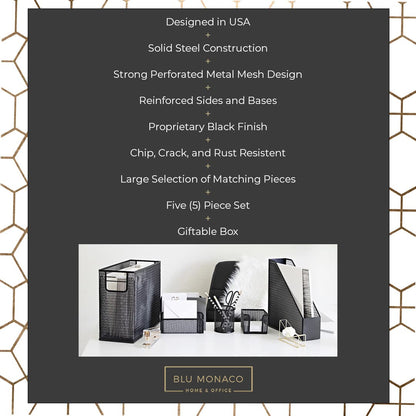 BLU MONACO Black Desk Organizer Set | 5-Piece Metal Office Supplies Collection with Hanging File Organizer, Magazine Holder, Pen Cup, Sticky Note Holder & Letter Sorter | Workspace Organization