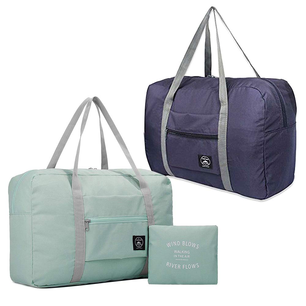 (2 Pack) Foldable Travel Duffel Bag, Waterproof Airlines Carry On Luggage Bag, Lightweight Travel Luggage Bag for Sports, Gym, Vacation (Light Blue,Dark Blue)