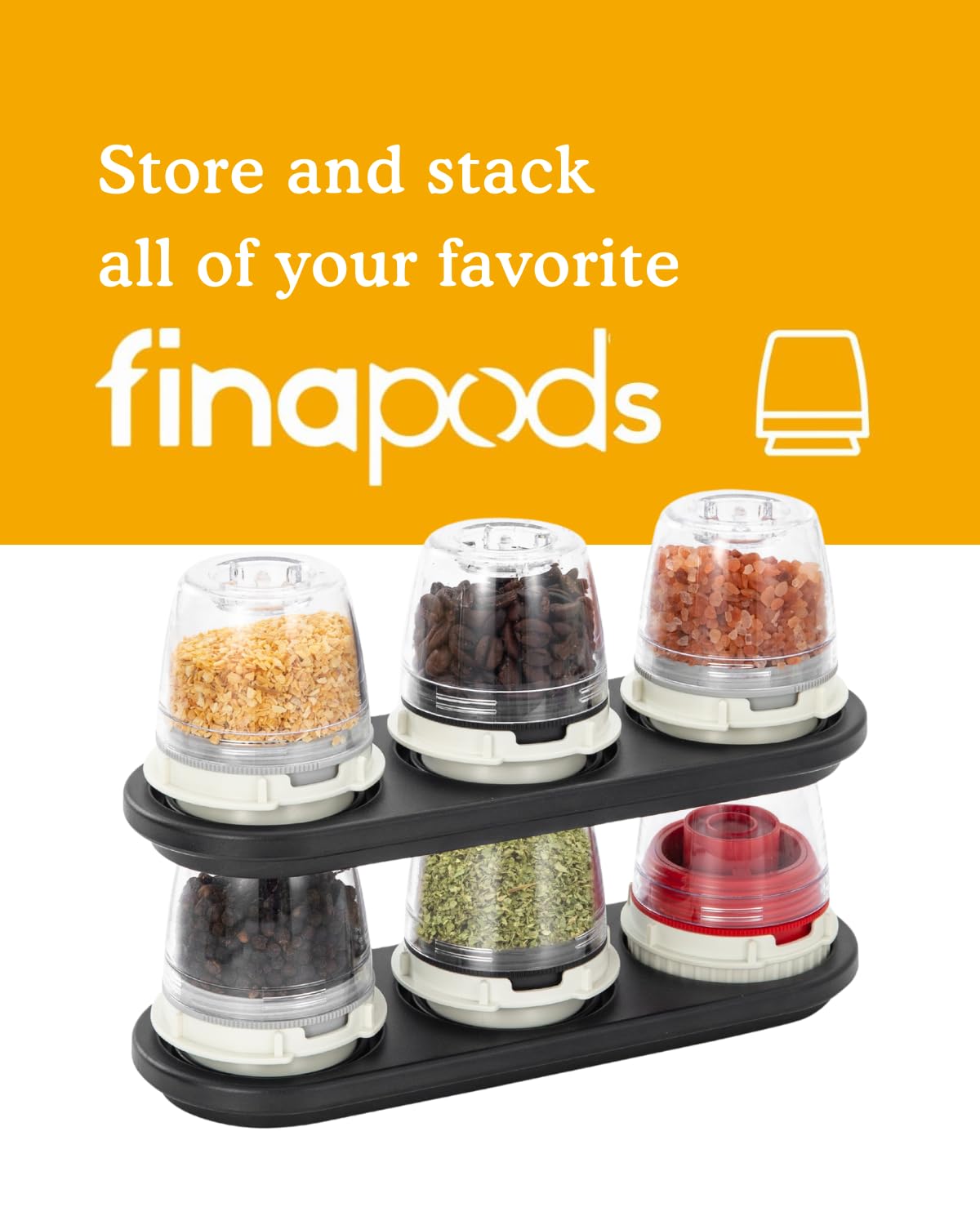 FinaMill Classic Battery-Operated Spice Mill Bundle with Black Trio Stackable Tray – One-Handed Grinder with Interchangeable Pods with Adjustable Coarseness - Valentines Day Gifts for Food Lovers