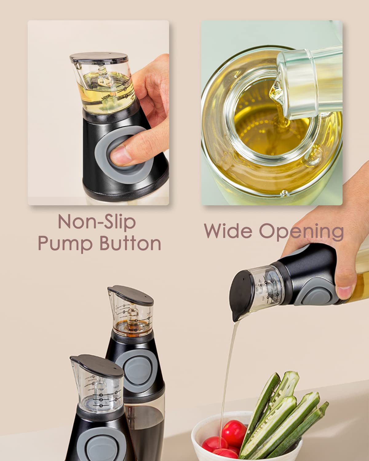 KITLAB Oil Dispenser Bottle, 17oz Olive Oil Dispenser Oil Sprayer, Clear Glass Refillable Oil and Vinegar Dispenser Bottle with Measuring Scale Pump for Kitchen, Cooking, Salads, Baking Frying