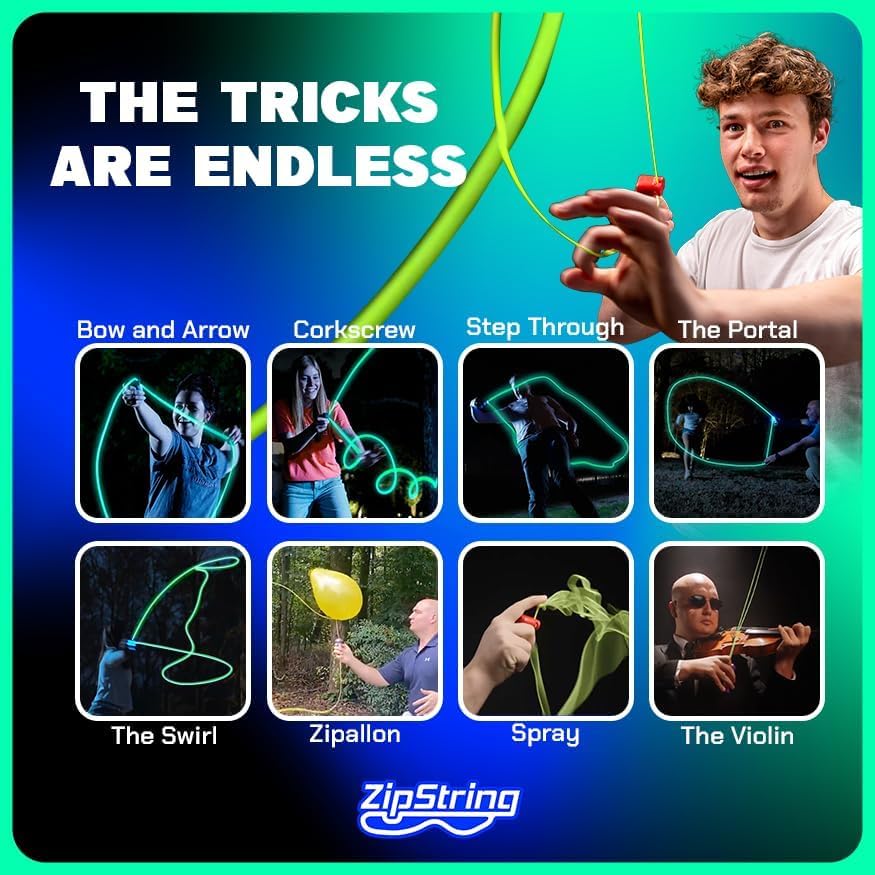 ZipString Luma – Glow in the Dark String Launcher Toy – Viral Outdoor Fidget Toy for Kids & Adults – Cool Rechargeable Toys – Cosmic Green Glow Zip String