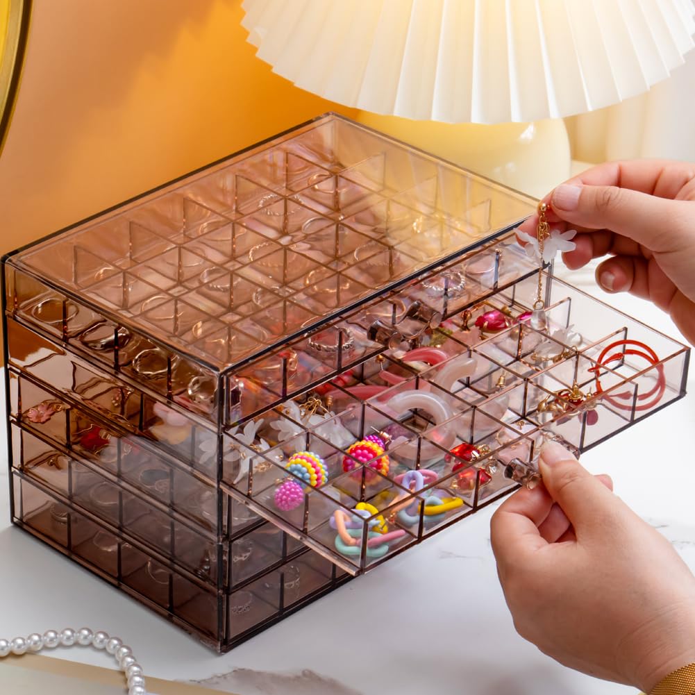 YUFONG Earring Storage Box Organizer, Acrylic Jewelry Storage Box Holder 5 Drawers Transparent Jewelry Display Stand with 120 Small Compartments Gift Boxes for Women Girls (Clear Purple Brown)