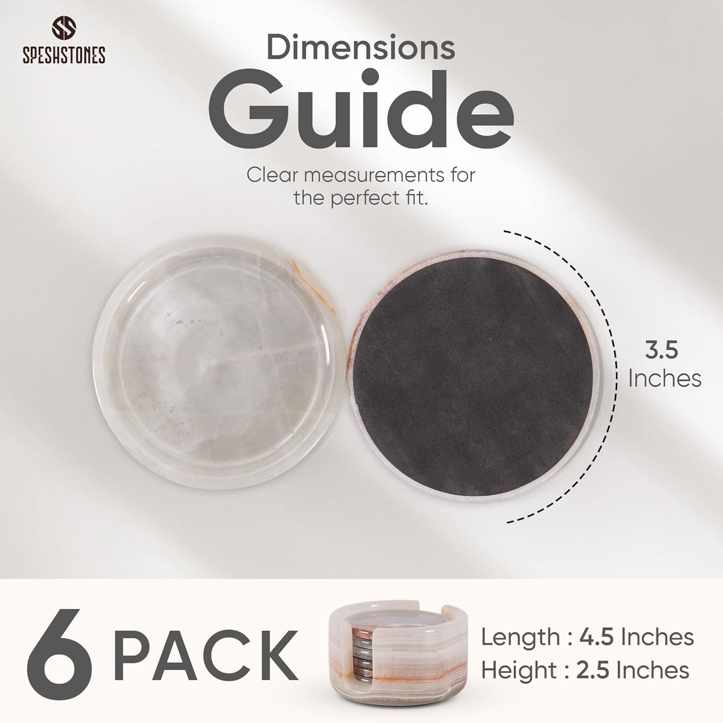 SPESHSTONES Marble Coasters Set of 6 Cream Onyx 3.5 Inch Round Stone Coaster for Drinks with Holder - Ideal Drink Coasters for Coffee Bar Accessories, Gifts, Dining Table & Home Décor