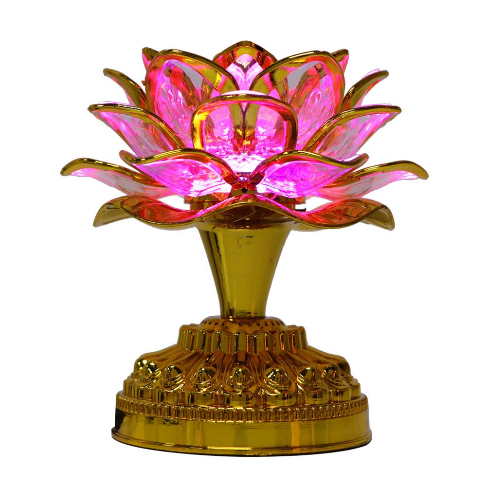 Zerodis 110-240V LED Lotus Flower Lamp - 7 Color Crystal Buddha Lamp with Golden Finish, 36 Songs & US Plug