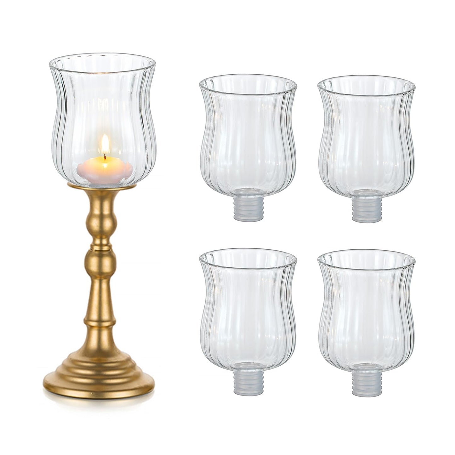 Glasseam Glass Votive Cups with Pegs: Set of 5 Shabbat Votive Candle Holders Bulk with Rubber Grippers Ribbed Glass Clear Candle Cups for Candlestick Holders Shabbos Party Centerpiece Decoration