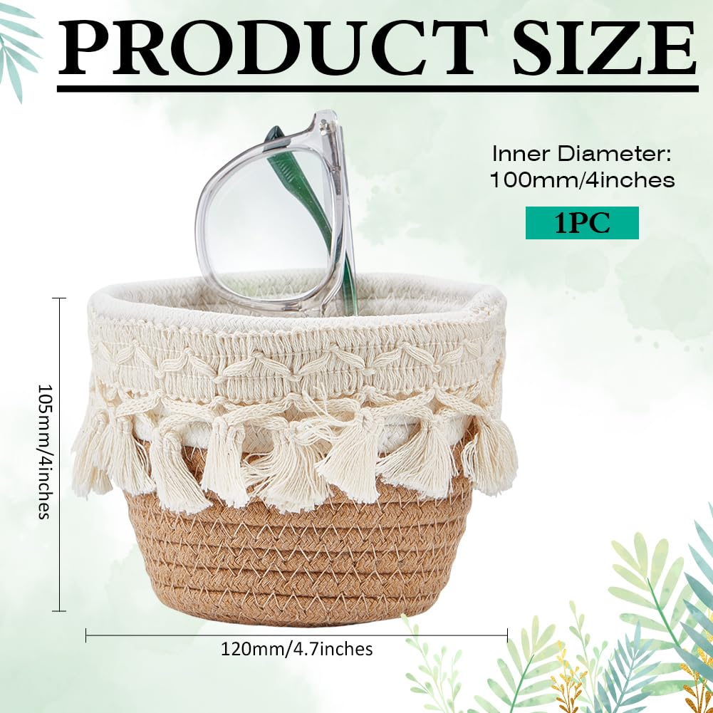 MAYJOYDIY Khaki Tassel Cotton Rope Woven Basket Round Boho Baskets with Cotton Rope Tassel 4.7×4.7×4.1inch Small Cleaning Cloth Eye Glass Storage Organizer for Bedroom Nursery Livingroom Entryway