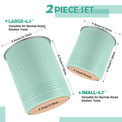 FoldTier 2 Pack Kitchen Utensil Holder for Counter 6.7"+4.7" Farmhouse Cooking Utensil Crock with Cork Bottom Modern Farmhouse Decors Countertop Storage Organizer Caddy Housewarming Gift(Sage Green)