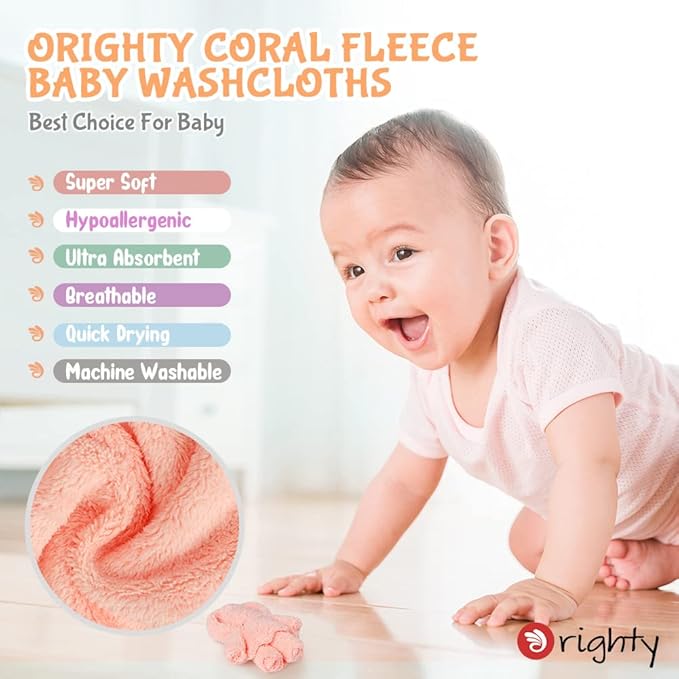 Orighty Baby Washcloths 50-Pack, Microfiber Coral Fleece Baby Face Towels