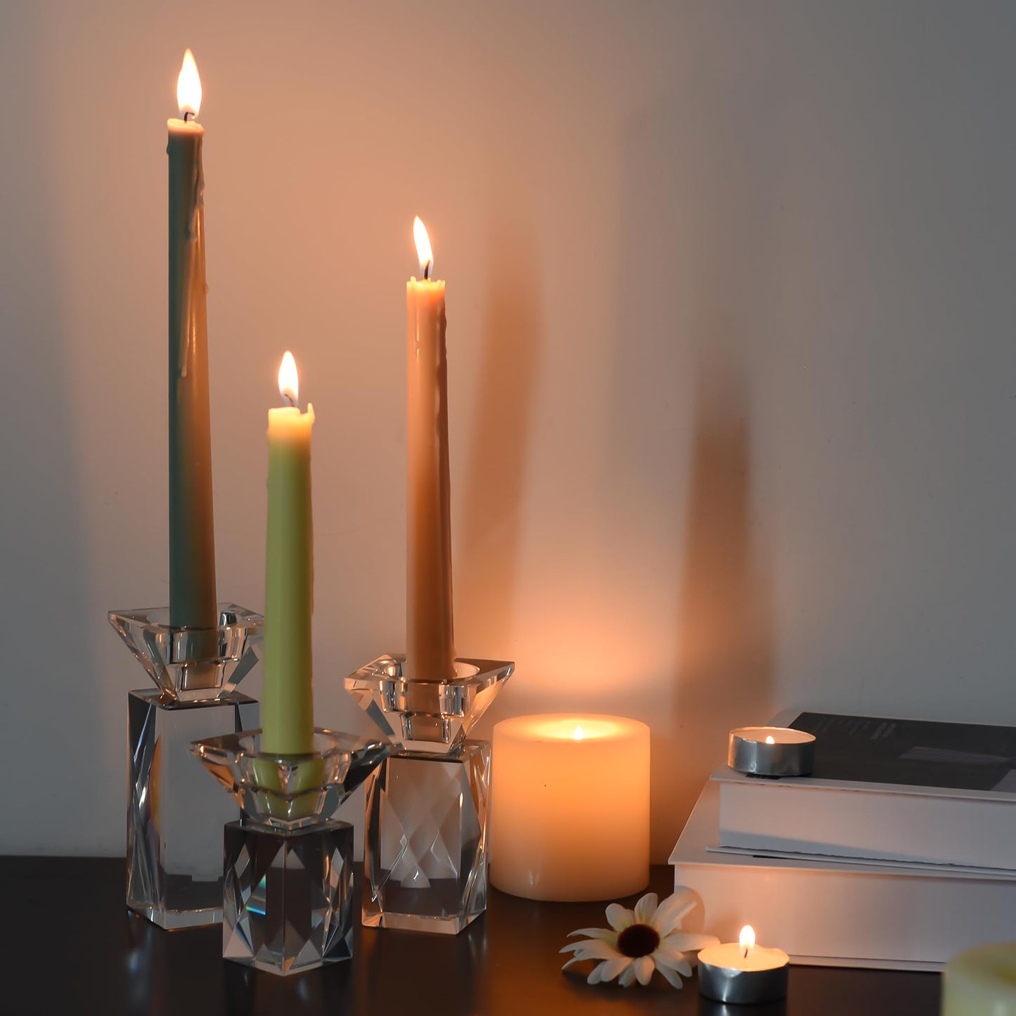 Crystal Candle Holders Set of 3, Clear Taper Candle Holder Decor, Table Centerpieces for Home Party and Wedding Decoration(3.5''/4.5''/5.5'' Height)