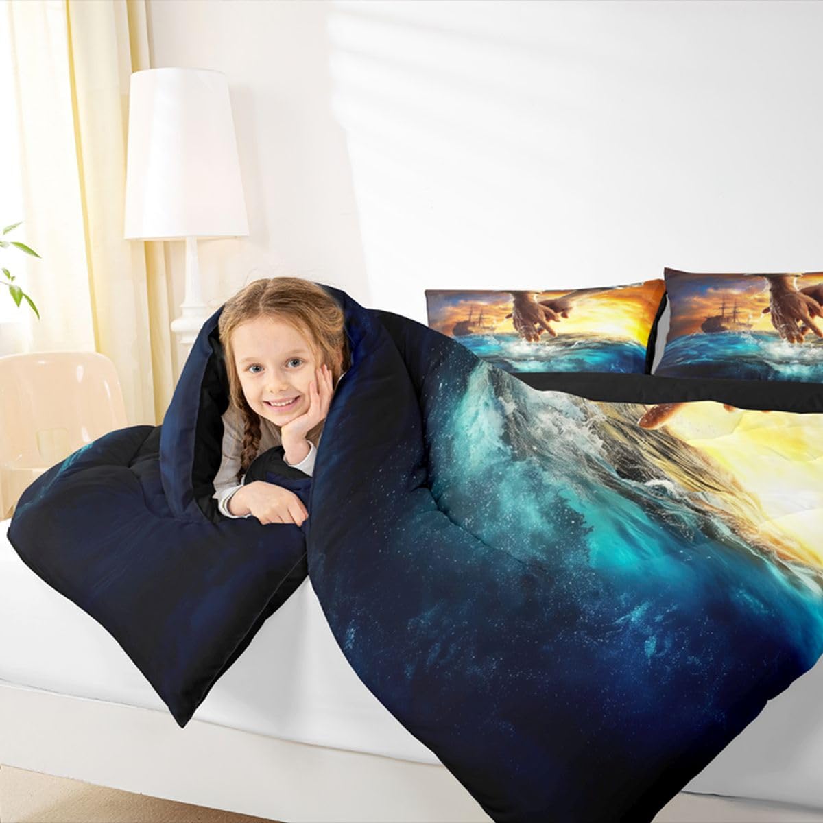 Manfei The Hand of God Girls Bedding Set Twin Size,God Reaching Into Water Comforter Set,Western Blue Ocean Bible Quilt Comforter Girls Boys Teens,Blue Orange Room Decor All Season,1 Pillowcase