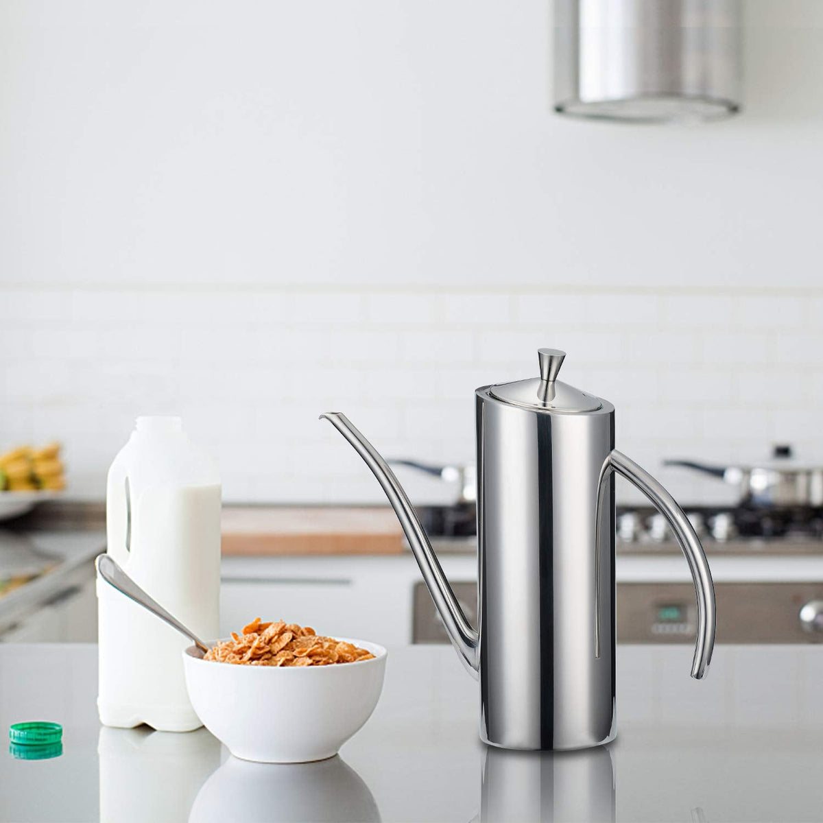 KSENDALO Premium Stainless Steel Olive Oil Dispenser & Kitchen Cruet (24oz/700mL) - Leakproof Oil Bottle with Ergonomic ONE-Piece Design Body and Long Nallow Spout for Precision Pouring- Arc Handle