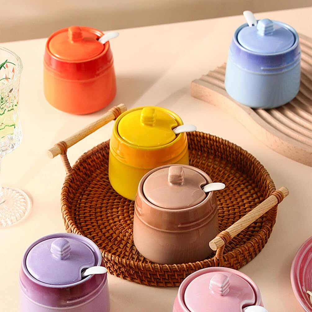 Kichvoe Ceramic Seasoning Jar with Spoon Salt Container Sugar Canister Condiment Storage Bottle for Kitchen Dining Table 3.81X3.34X2.24 Inches