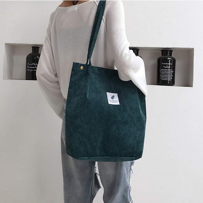 Funtlend Cord Bag Womens Large Corduroy Tote Bag Women Shoulder Handbags for School Shopping Work College Casual (Green)