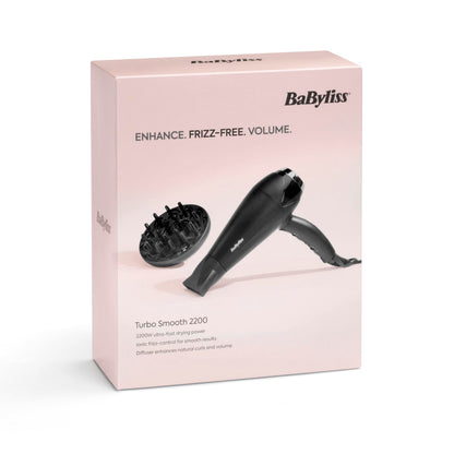 BaByliss Turbo Smooth Hair Dryer - 2200W Powerful Blow Dryer, Large Diffuser, Ionic Frizz-Free Conditioning, 3 Heat & 2 Speed Settings, Black, 5572U