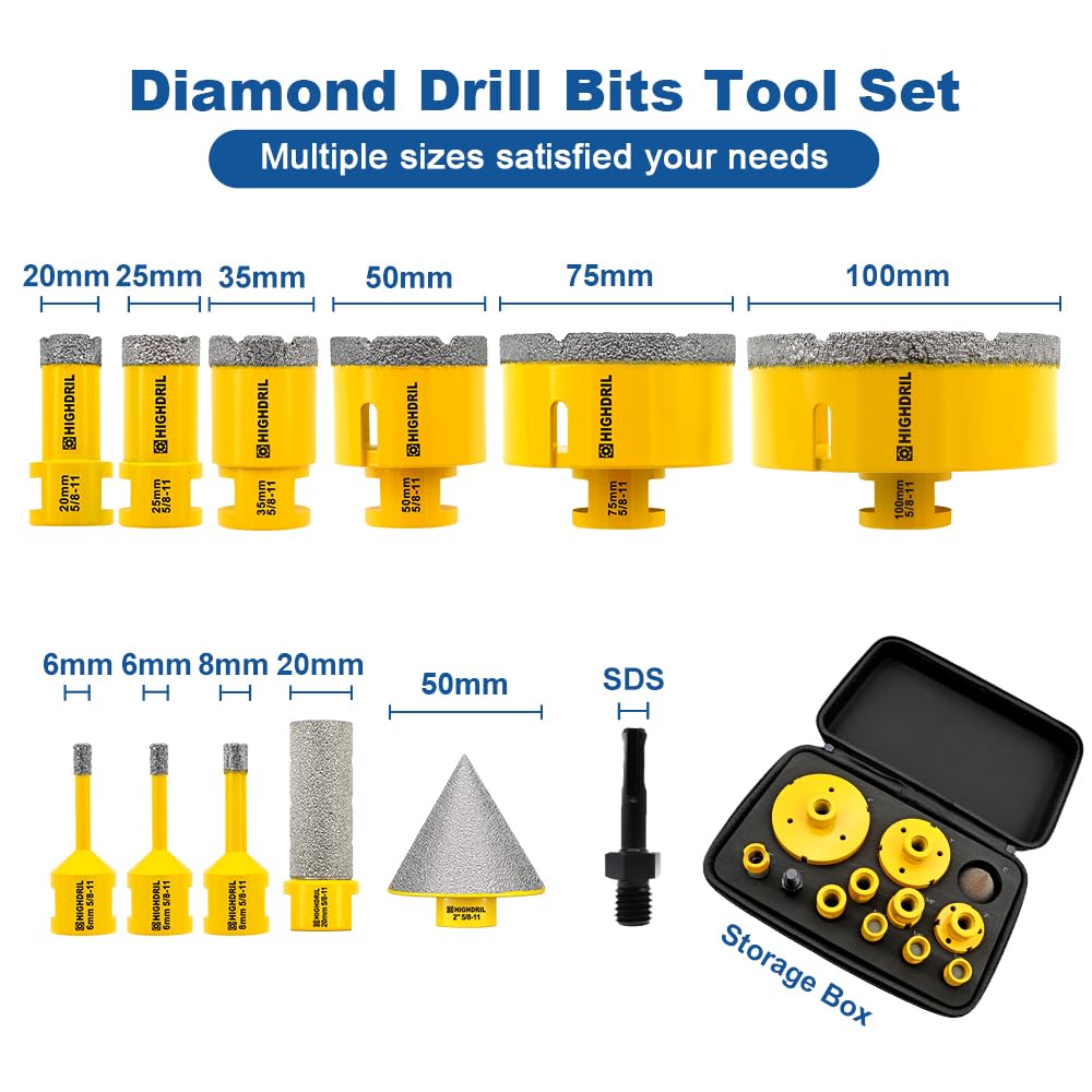 HIGHDRIL Diamond Hole Saw Kit - 6/6/8/20/25/35/50/75/100mm Drill Bits and HIGHDRIL 3 Inch Circular Saw Blade - 3pcs Carbide Wood Cutting Disc with Arbor 10MM