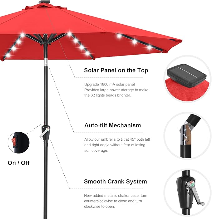 ABCCANOPY Durable Solar Led Patio Umbrellas with 32LED Lights 9FT (Red)