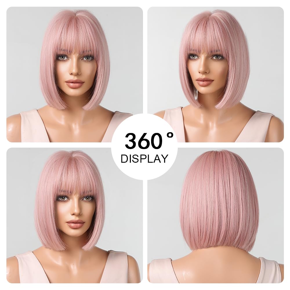OUFEI Pink Bob Wig With Bangs Short Straight Wig For Women Synthetic Hair Wigs for Daily Party Cosplay Wear