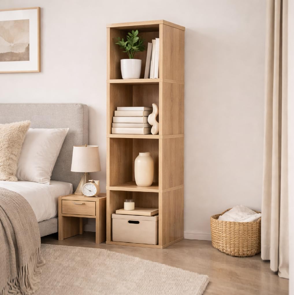 YCICI 4 Cube Storage Organizer Wooden Bookshelf, 4 Cube Shelf Bookcase, Small Bookshelf Storage Organizer, 4 Cube Storage Shelf for Bedroom, Small Bookshelf for Living Room and Office (4 Cube)