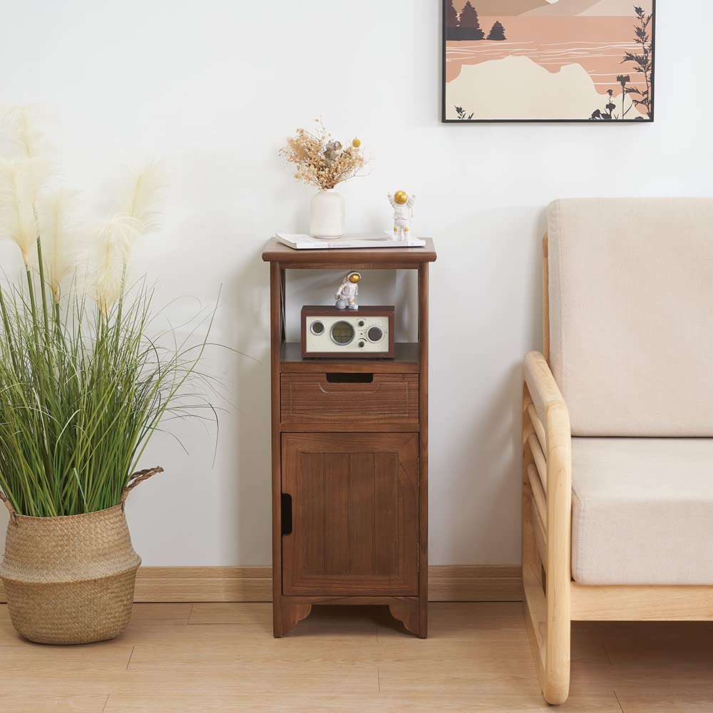 BECTSBEFF 30 Inches Tall End Table, Fully Assembled Bathroom Floor Cabinet with Shelf and Storage, No Assembly Nightstand with Drawer for Bedroom-Walnut