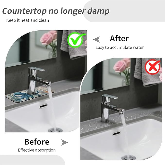 Kitchen Sink Splash Guard，Blue-octopus Faucet Mat Sink Gadgets-Super Absorbent