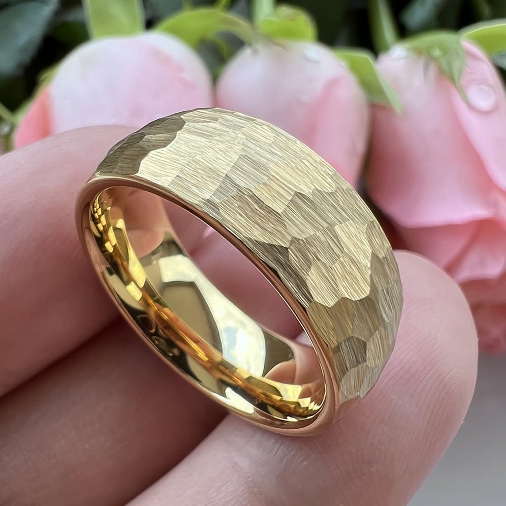 TUTISS 8mm Gold Hammered Tungsten Rings for Men Women Engagement Wedding Bands Domed I Love You Engraved Comfort Fit Size 8