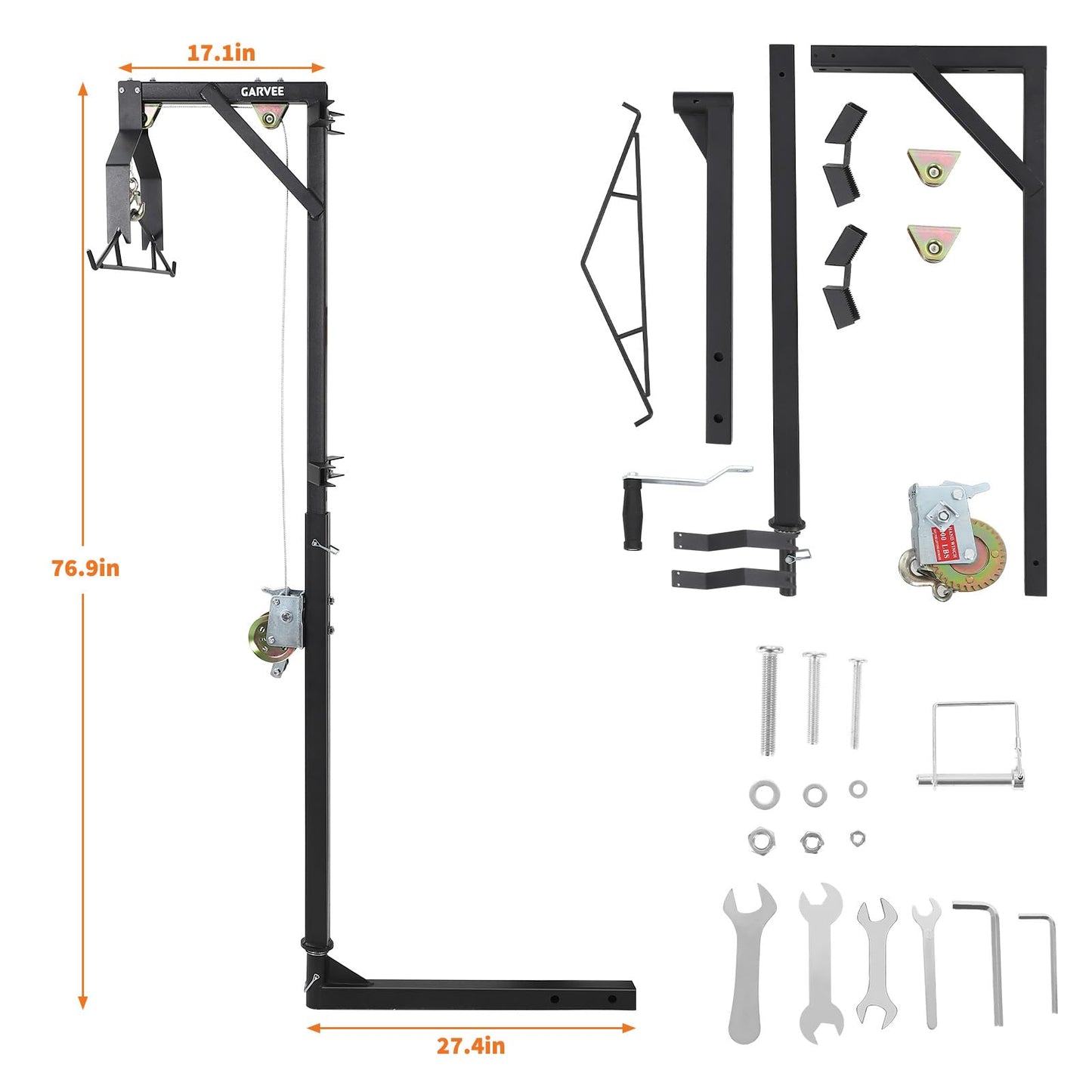 GarveeTech 500LBS Heavy-Duty Deer Hoist Kit with Winch & Gambrel, Hitch Game Hoist with Lifting Platform – 360° Swivel & Adjustable Height for, Skinning & Game Processing