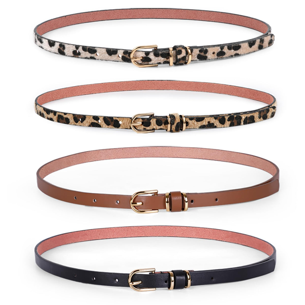 JASGOOD Women Black Skinny Leather Belt for Jeans Pants Fashion Thin PU Leather Waist Belt for Ladies Set of 4(Black+Brown+Leopard,Best for Waist Size 30-36 Inch)