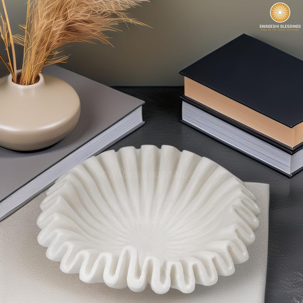 SWADESHI BLESSINGS HandCrafted Marble Ruffle Bowl, Large Decorative Bowl for Home Decor, Key Bowl for Entryway Table, Scalloped Bowls for Dining Table Centerpiece Decor, Catch All Bowls, 9"
