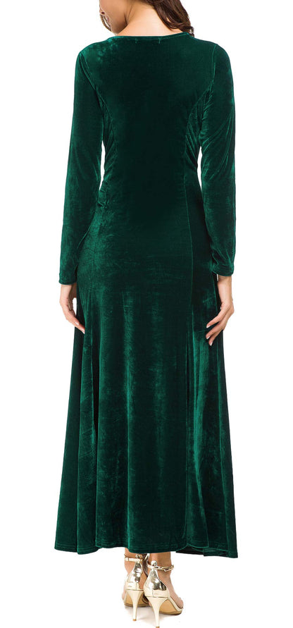Urban CoCo Women's Elegant Long Sleeve Ruched Velvet Stretchy Long Dress (L, Green)