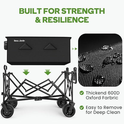 BEAU JARDIN XXL Festival Trolley Beach Cart - 300L 230KG(500LBS) Heavy Duty Folding Wagon All-Terrain Utility Wide Wheels for Camping & Shopping | Push & Pull Handle | Portable Collapsible | Black