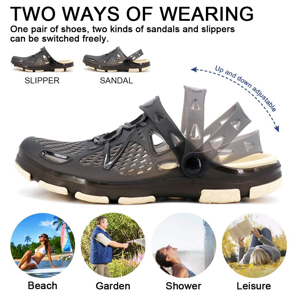 beister Mens Clogs Non Slip Water Shoes with Adjustable Strap, Lightweight Slip on Mules Garden Kitchen Outdoor Beach Yard Pool Shower Summer Sandals Slippers Black Beige