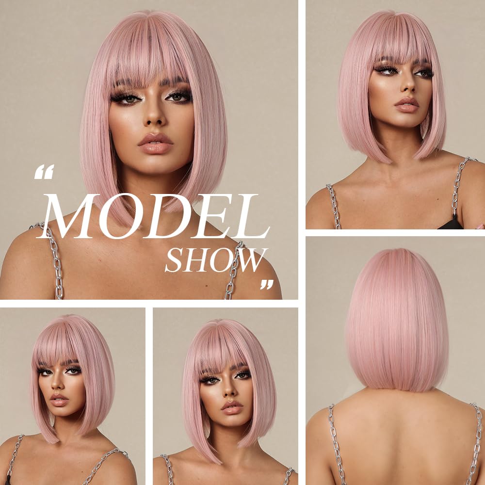 OUFEI Pink Bob Wig With Bangs Short Straight Wig For Women Synthetic Hair Wigs for Daily Party Cosplay Wear