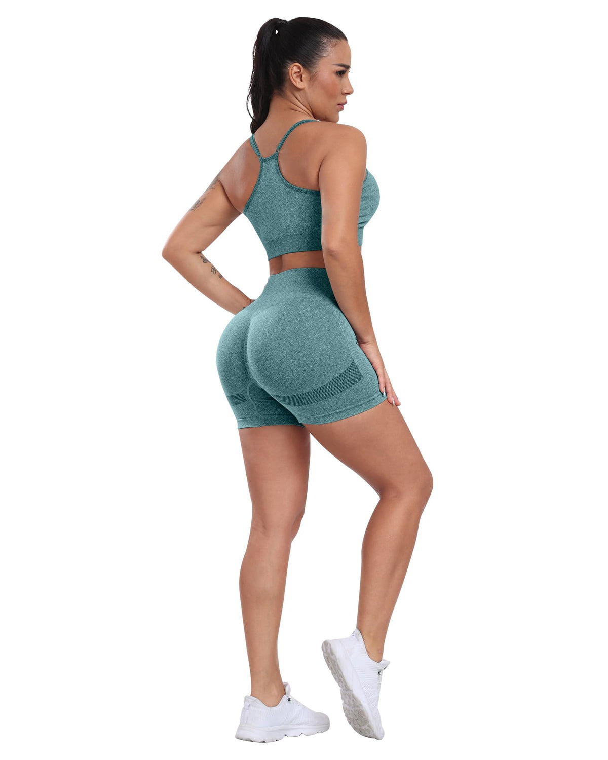 CHRLEISURE Women's 4 Packs Workout Gym Shorts, High Waisted Butt Lifting Scrunch Butt Seamless Booty Shorts(Black,DGray,Green,Blue,S)