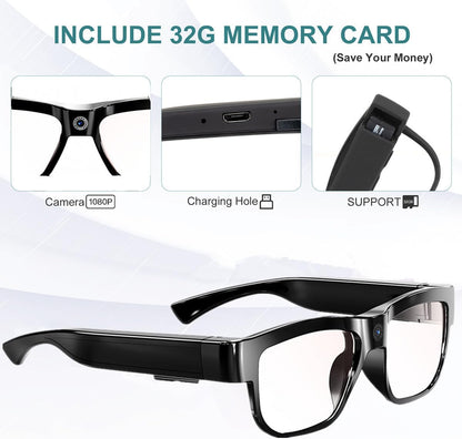 Camera Glasses Video Glasses HD Smart Glasses Recording Outdoor Sport Glasses with Camera Wearable Eyeglass Built-in 32G Memory Card only Open on Computer