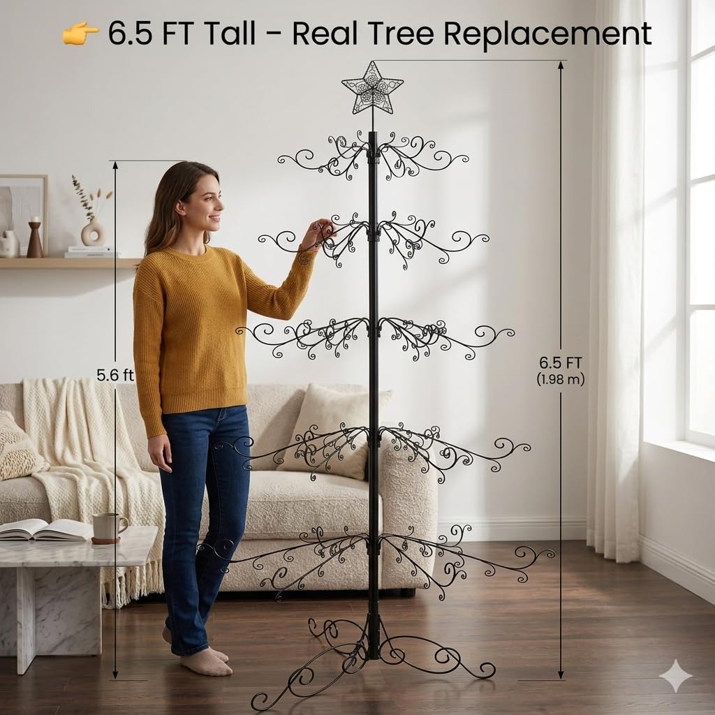 HOHIYA 6.5 Ft Wrought Iron Christmas Tree Alternative 174 Hooks Metal Ornament Display Stand Large Heavy Duty Holiday Decoration Holder for Christmas Halloween Wedding Home Decor Black