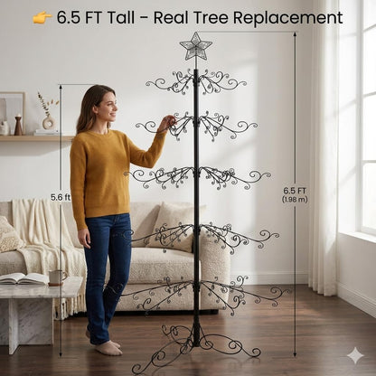 HOHIYA 6.5 Ft Wrought Iron Christmas Tree Alternative 174 Hooks Metal Ornament Display Stand Large Heavy Duty Holiday Decoration Holder for Christmas Halloween Wedding Home Decor Black