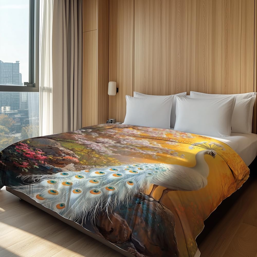 HUNXIAOJ Peacock Throw Blanket Peacock Themed Decor Animal Print Blanket King Size Soft Warm Flannel for Sofa Bed (60 in x 80 in)