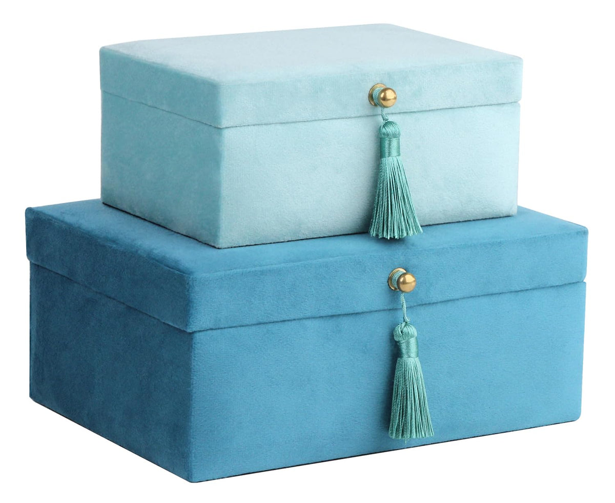 HofferRuffer Velvet Jewelry Boxes Decorative Boxes, Storage Accessory Organizer Boxes with Elegant Handle Decor, Classic Velvet Set of 2 Pieces (Blue)